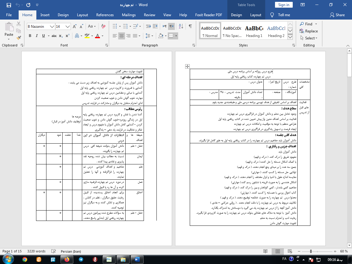 طرح درس روزانه ریاضی اول ابتدایی (تم 14)